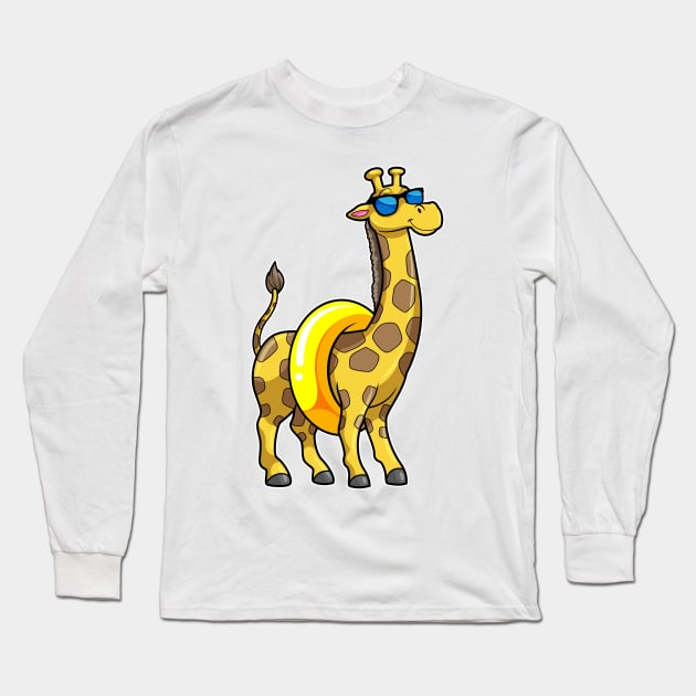 Giraffe on Beach with Swim ring & Sunglasses Long Sleeve T-Shirt by Markus Schnabel